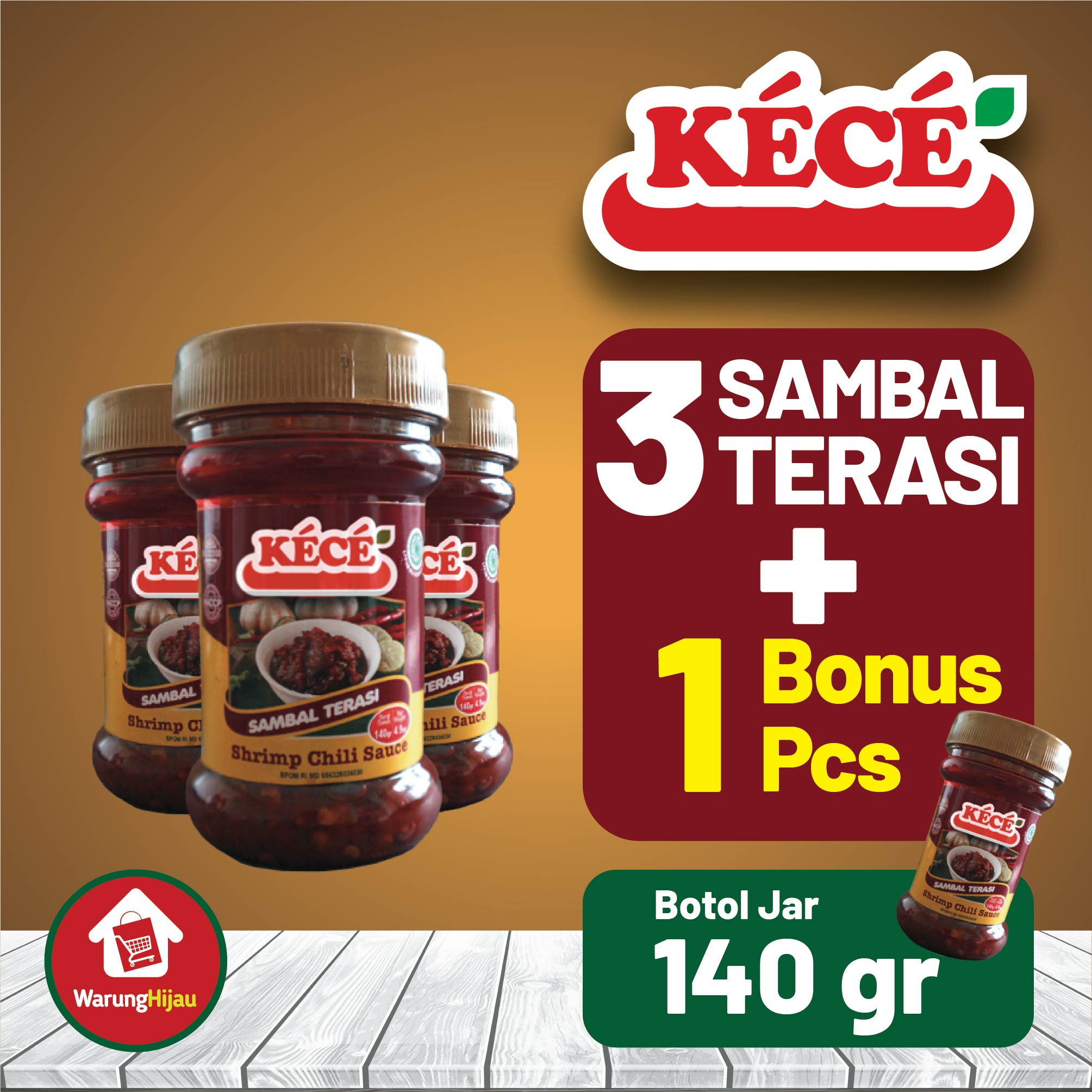 Sambal Terasi KECE Jar 140 gr 3 Pcs + Bonus 1 Pcs