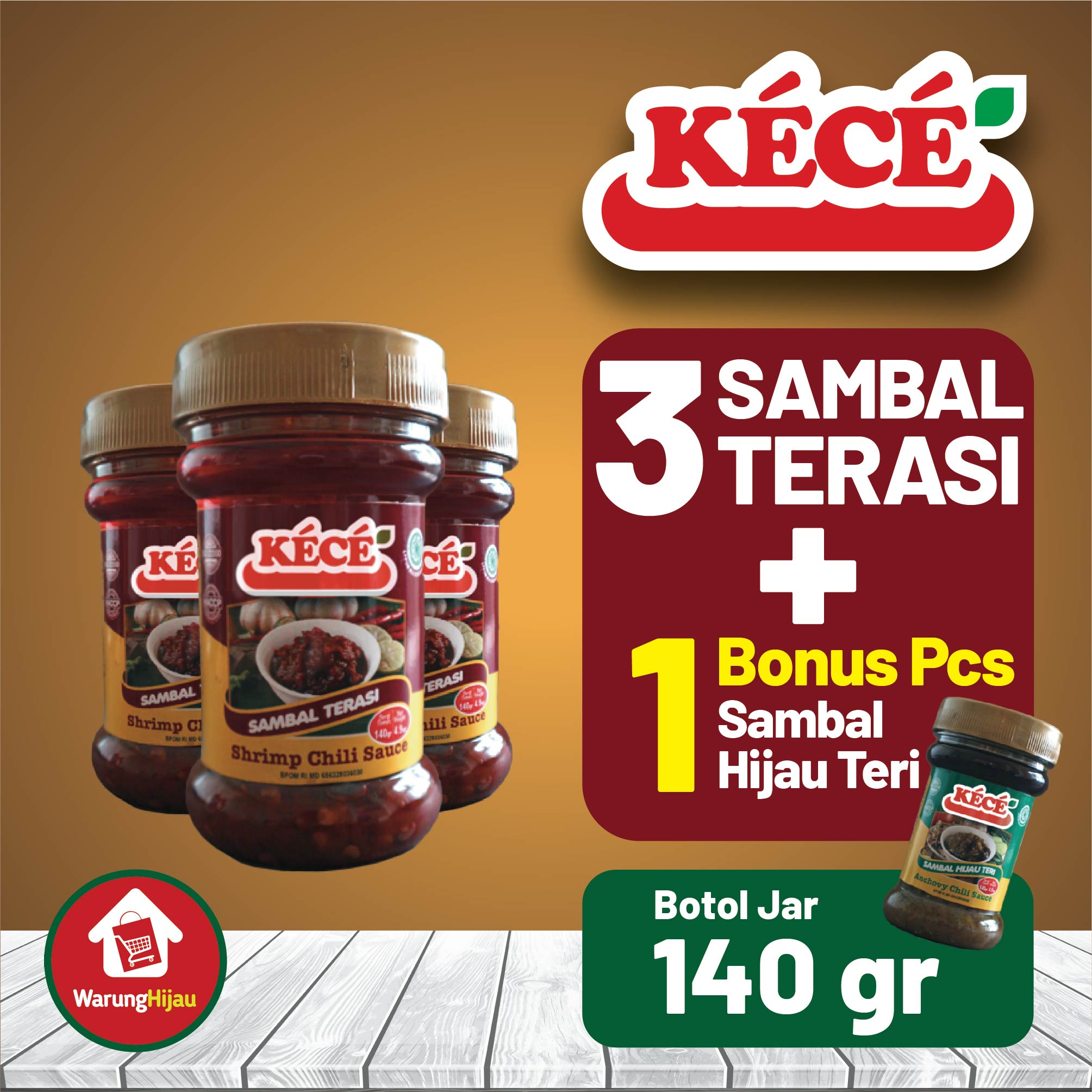 Sambal Terasi KECE Jar 140 gr 3 Pcs + Bonus Sambal Hijau Teri