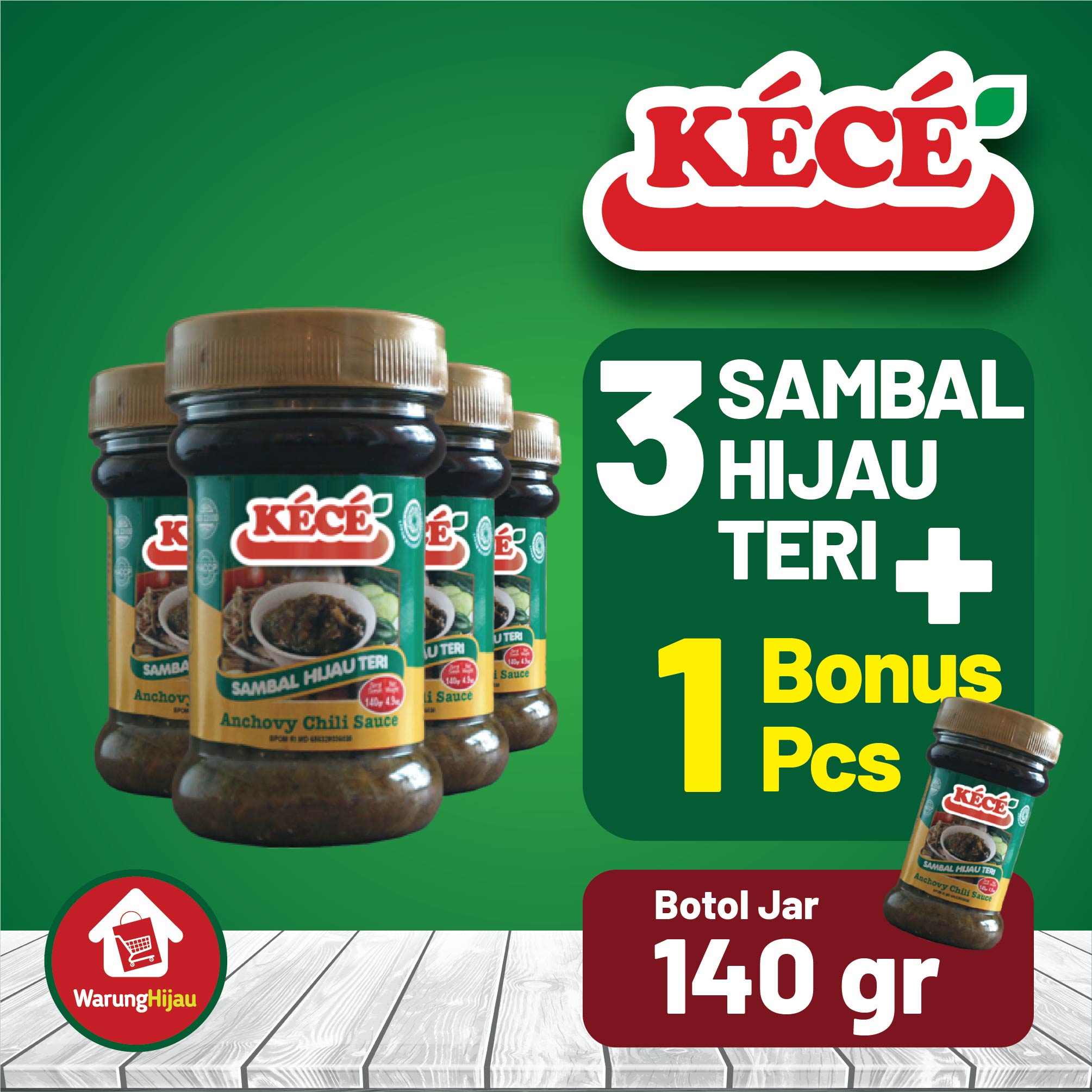 Sambal Hijau Teri KECE Jar 140 gr 3 Pcs + Bonus 1 Pcs